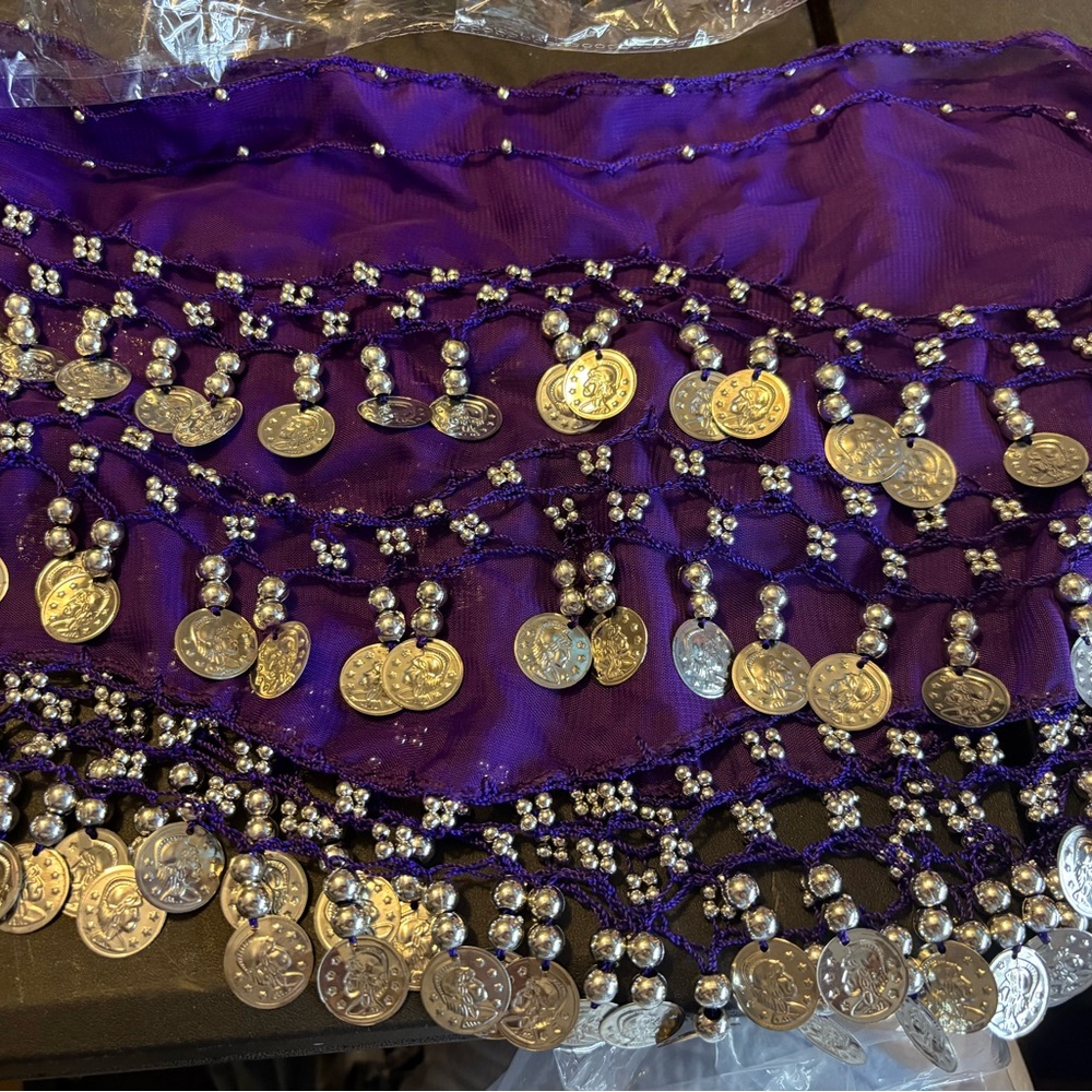 Purple Belly Dance Hip Scarf with Silver Coins